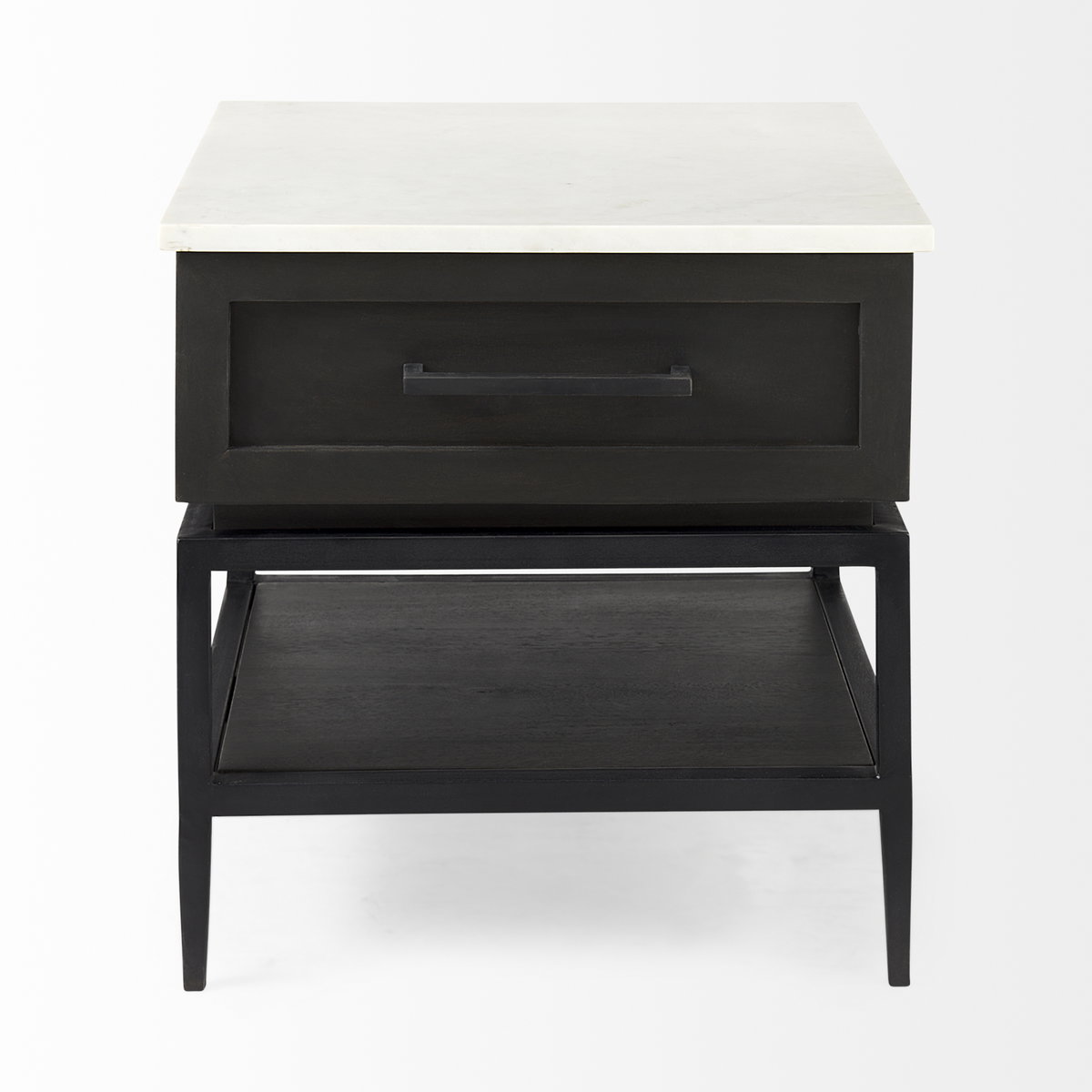 Divina Black-Brown Wood with White Marble Top and Black Metal Base 1 Drawer Side Table, Side & End Table by Mercana, 22" length x 22" width x 22" height View 6