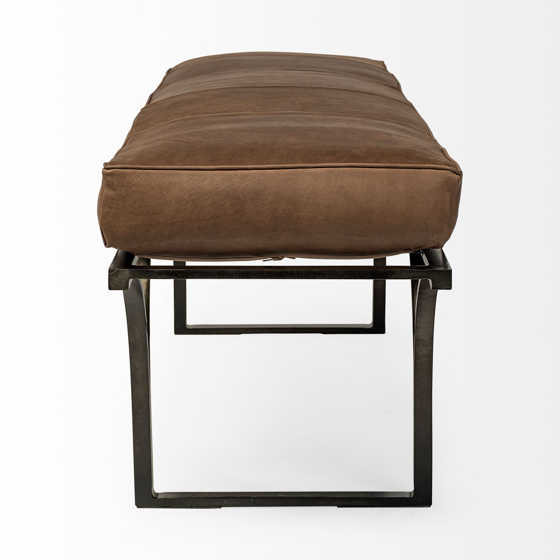 Jessie 55L x 16W Brown Leather Seat with Black Metal Base Accent Bench, Benche by Mercana, 55" length x 16" width x 20" height View 5
