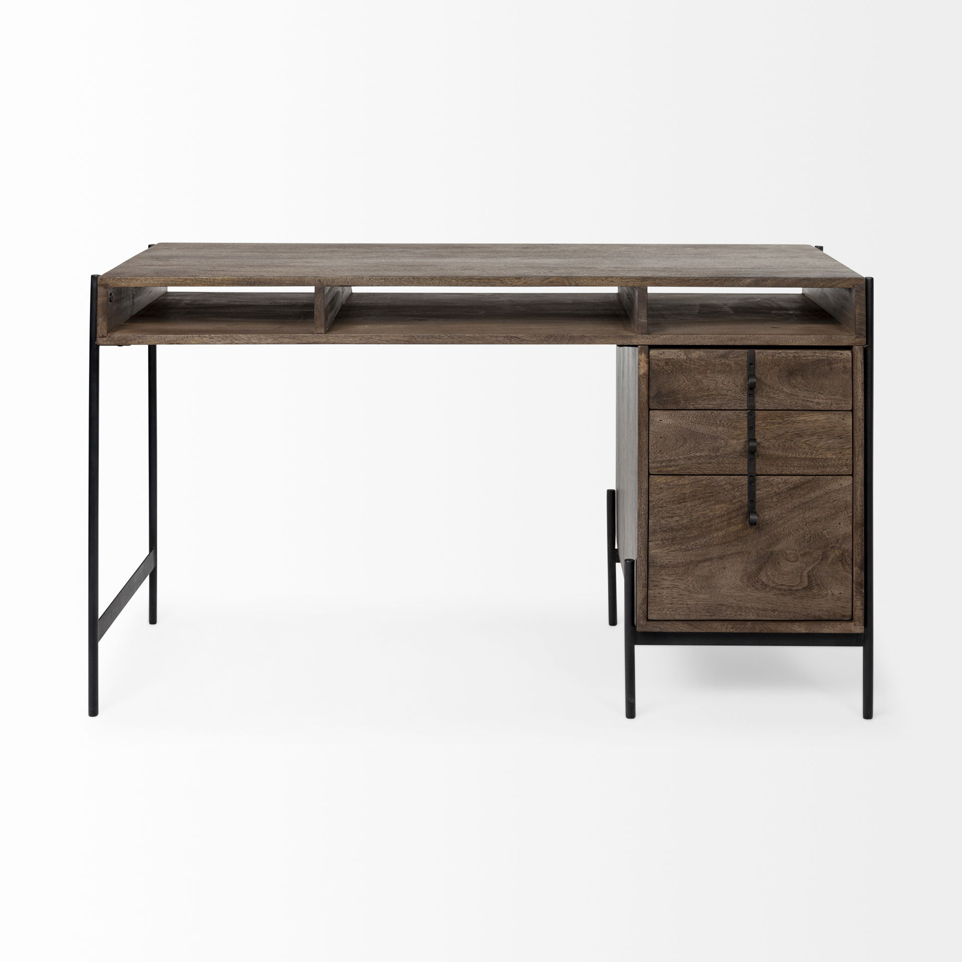 Glenn VII 56L x 22W Dark Brown Wood with Black Iron Frame, 3 Drawer Office Desk, by Mercana, 55.5" length x 22" width x 31" height View 5