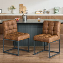 Online Designer Bathroom Faux Leather Dining Chairs Set, Mid-Century Modern Dining Room Chairs with Armless, Checkered Kitchen Chair with Metal Legs - Set of 4