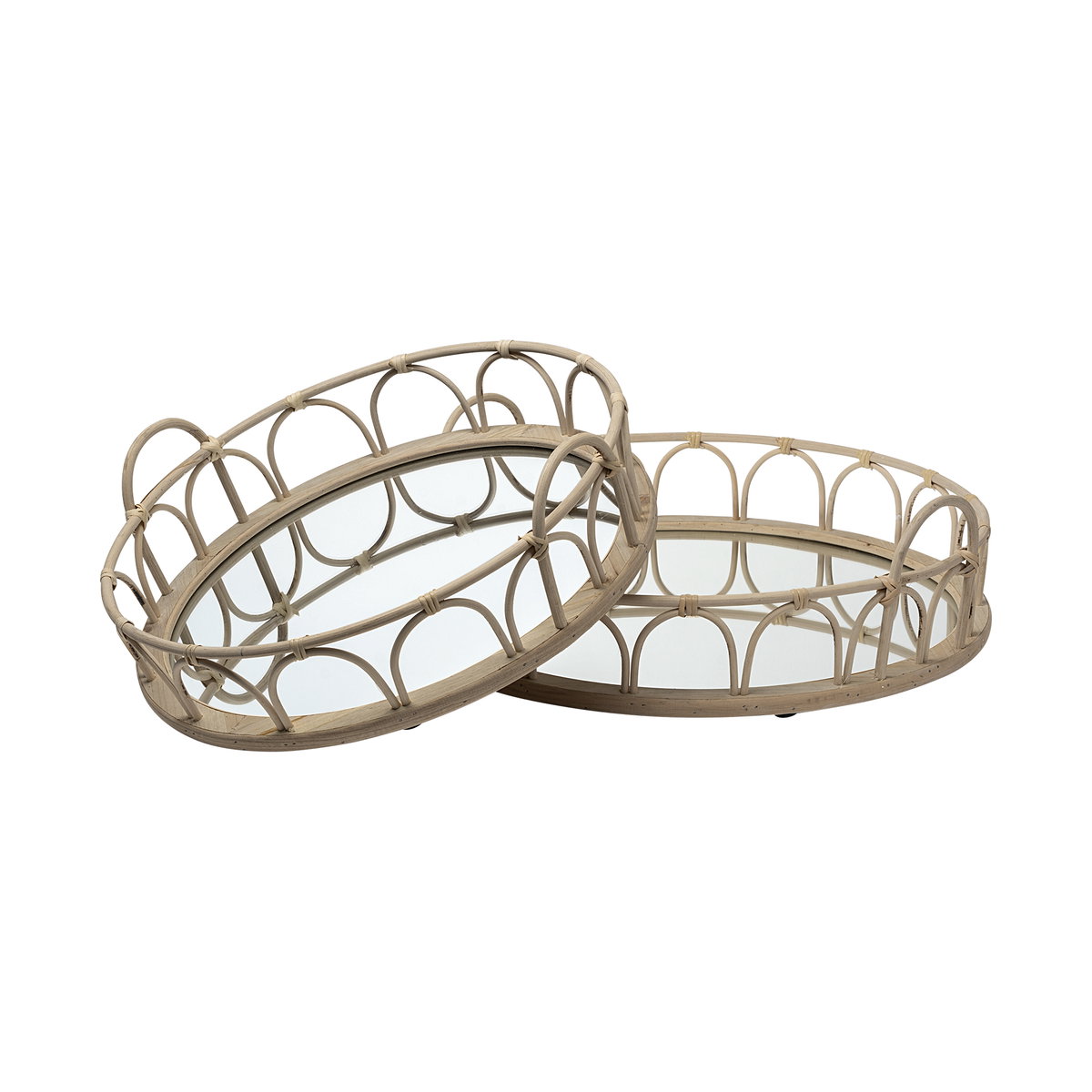 Leona (Set of 2) Natural Wicker Woven Mirrored Base Nesting Trays, Decorative Tray by Mercana, 19.29" length x 18.9" width x 5.71" height View 1