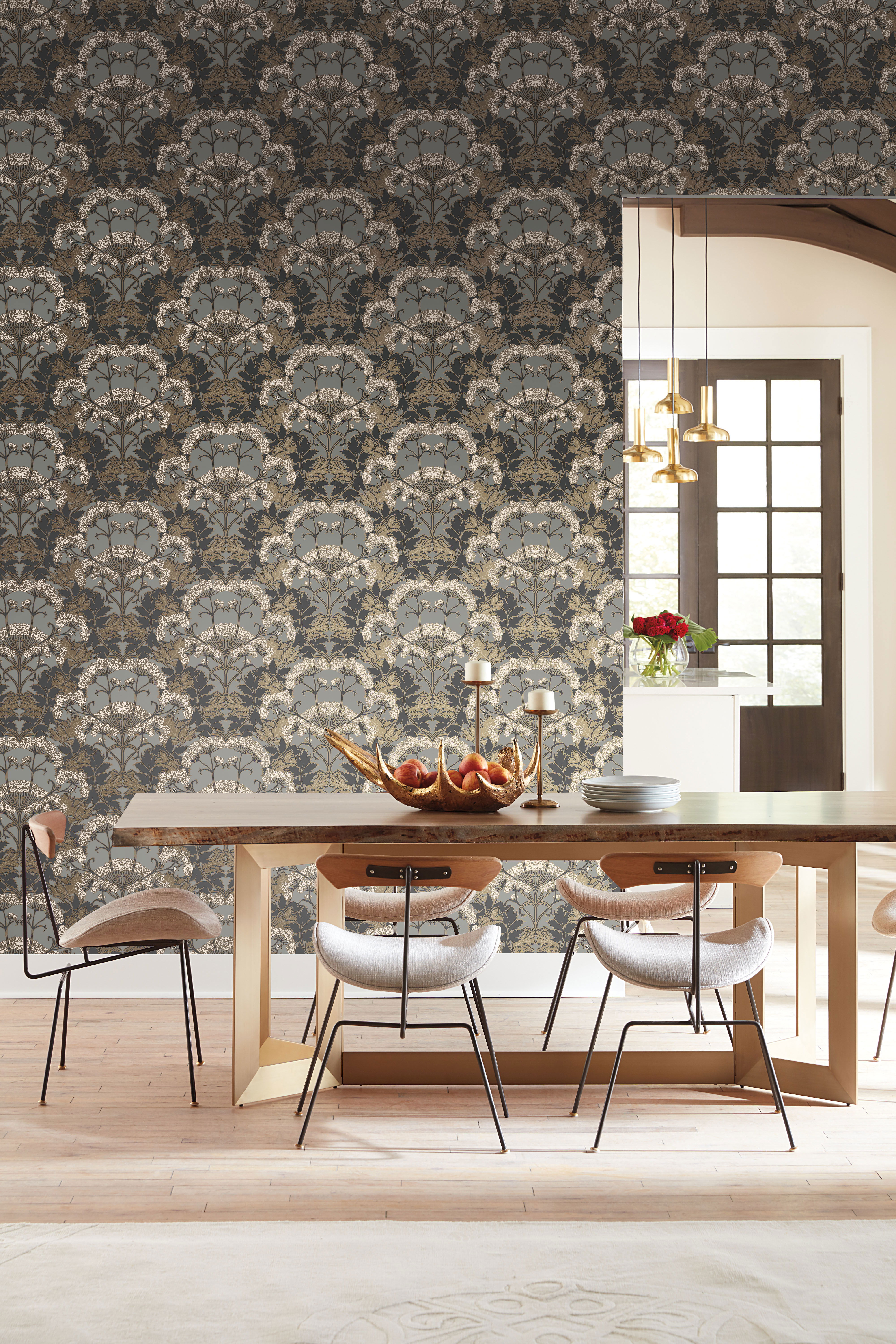 Yarrow Nouveau Charcoal & Gold Wallpaper large image 