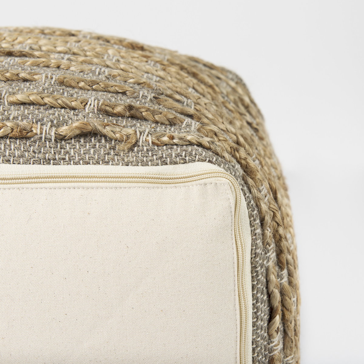 Binita    Gray/Brown Hemp Wool and Cotton Pouf, Ottoman by Mercana, 16" length x 16" width x 16" height View 11