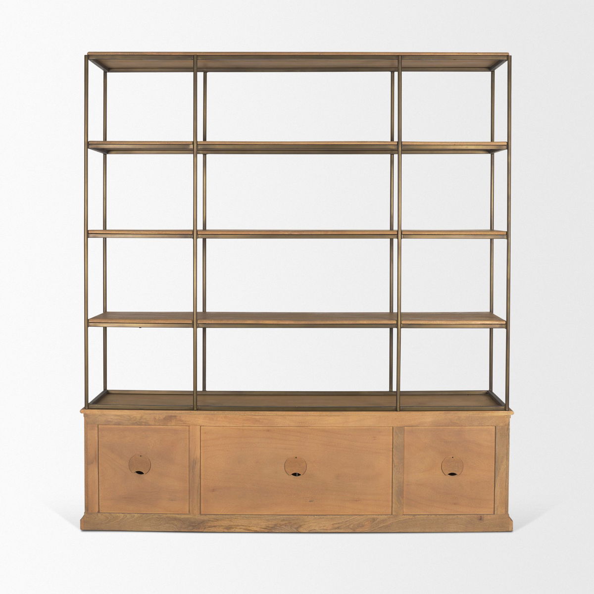 Baron 4-Door Light Brown Wood with Gunmetal Open Shelving Unit, Shelving & Bookcase by Mercana, 81.75" length x 19" width x 90" height View 8