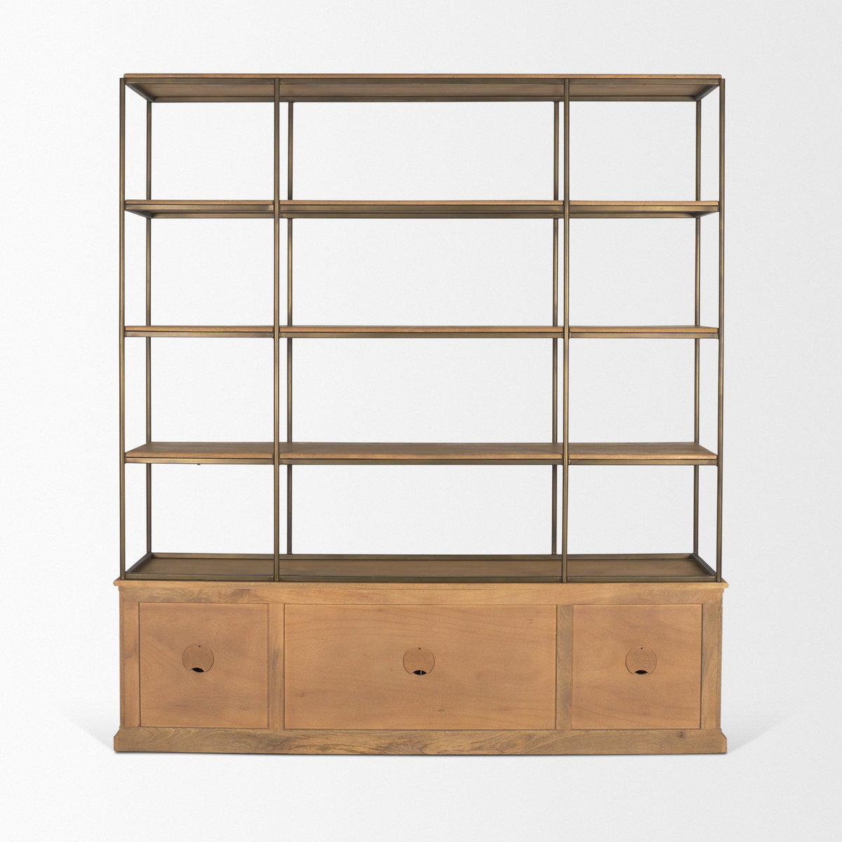 Baron 4-Door Light Brown Wood with Gunmetal Open Shelving Unit, Shelving & Bookcase by Mercana, 81.75" length x 19" width x 90" height View 8