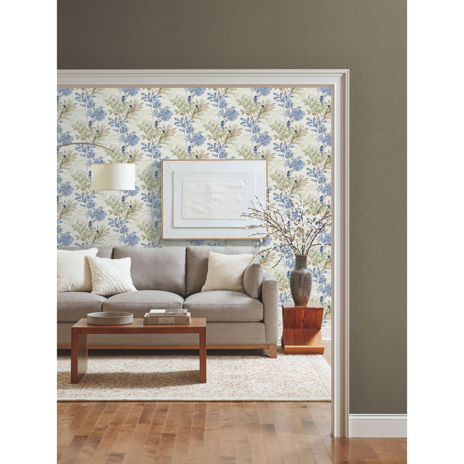 Handpainted Songbird Green & Blue Wallpaper large image 