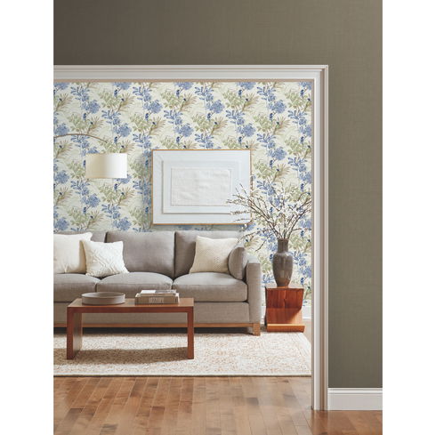 Handpainted Songbird Green & Blue Wallpaper