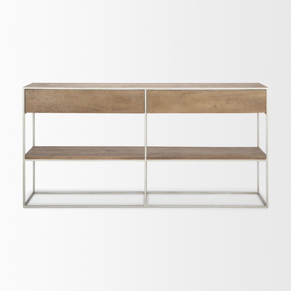 Morris I 63L x 15W x 31H Brown Wood with Silver Metal Frame 2 Drawer Console Table, by Mercana, 63" length x 15" width x 31" height View 4