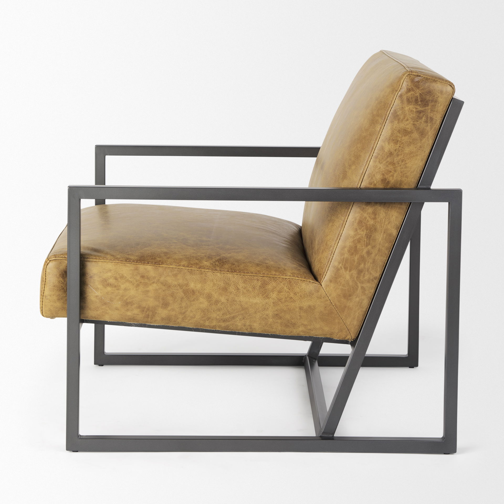 Armelle II Brown Leather Seat with Gray Metal Frame Accent Chair, by Mercana, 28.35" length x 33.07" width x 29.92" height View 5