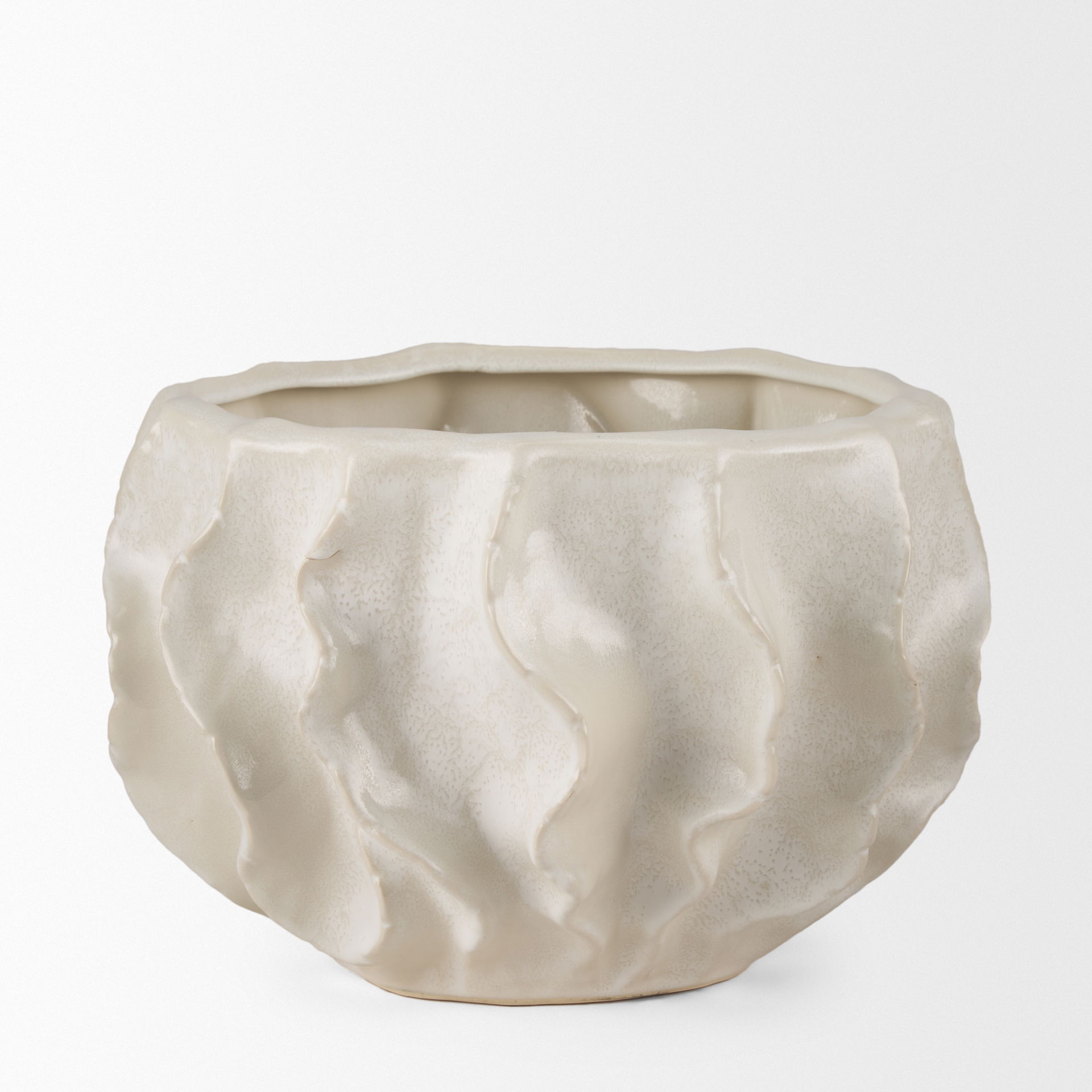 Vahn Sculptural Cream Glazed Decorative Ceramic Bowl, Vase by Mercana, 14.37" length x 14.37" width x 9.25" height View 4