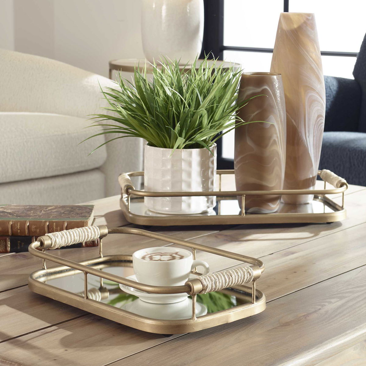 Rosea Brushed Gold Trays Set/2, Decorative Tray by Uttermost, 19.5" width x 3" height x 11" depth View 2