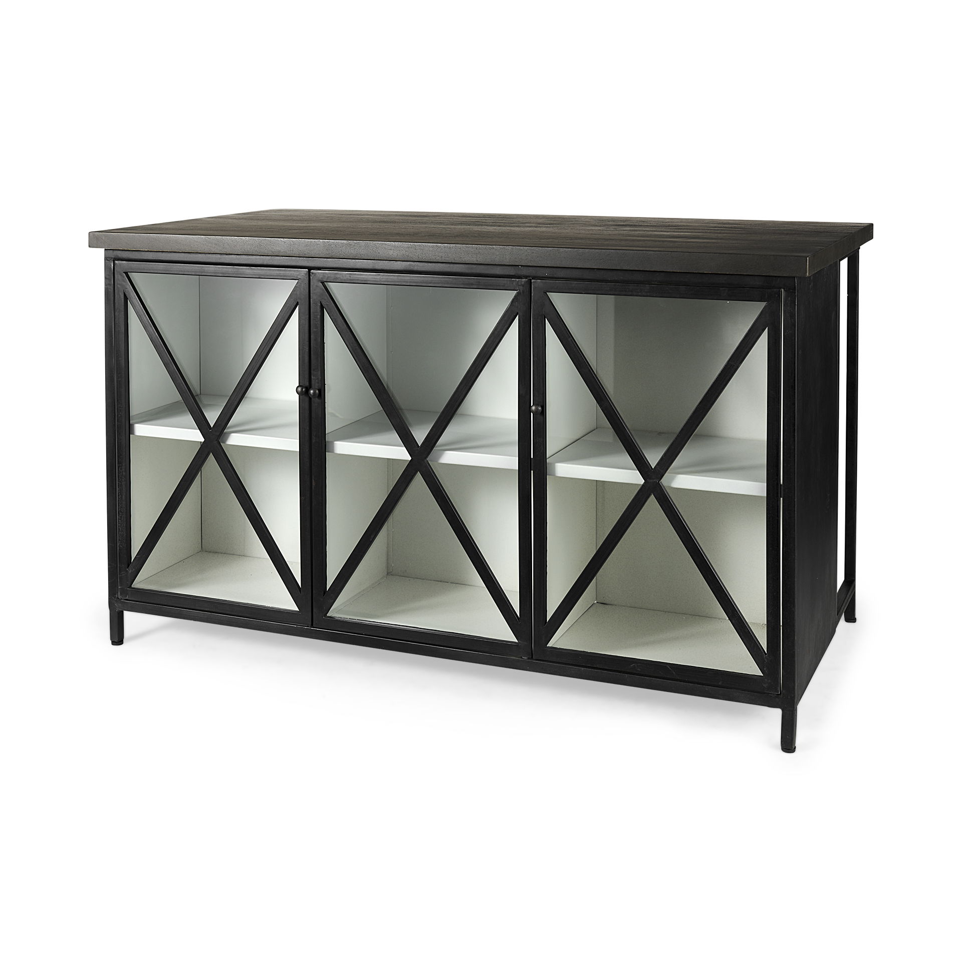 Dimitra  Dark Iron with Glass Doors Kitchen Island, by Mercana, 62" length x 32" width x 36" height View 1