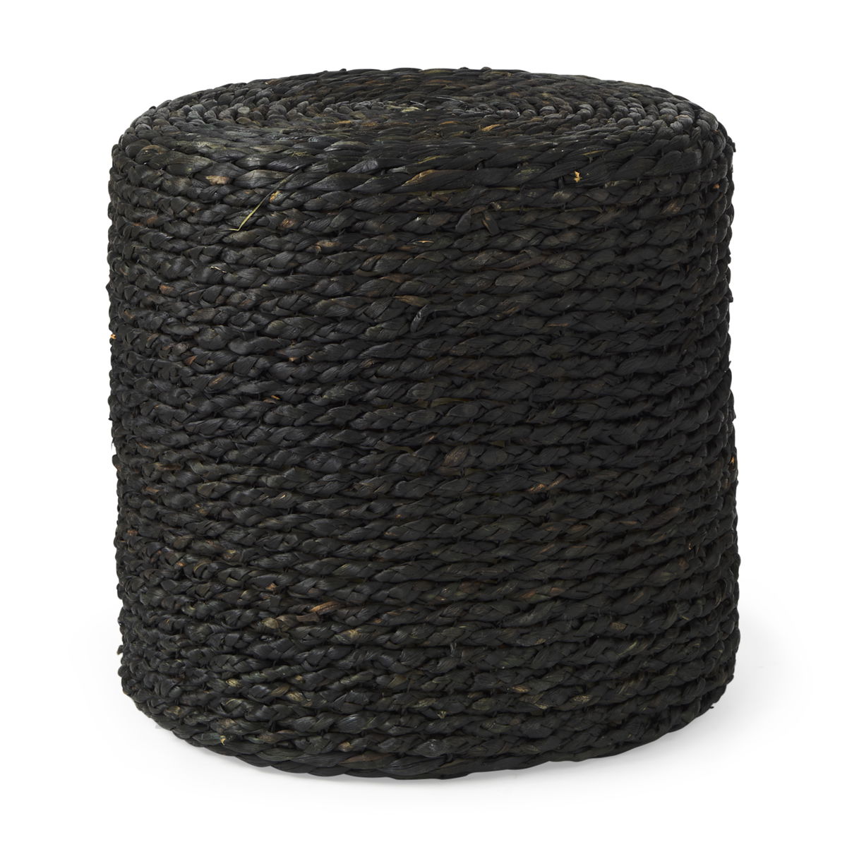 Dina  Black Cornhusk and Water Hyacinth Round Pouf, Ottoman by Mercana, 17.72" length x 17.72" width x 17.72" height View 1