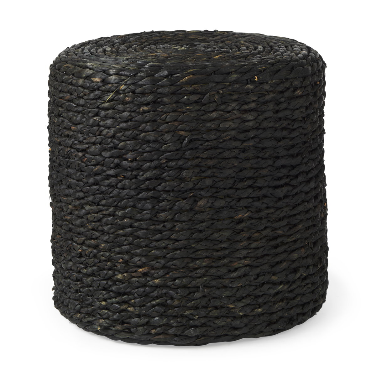Dina  Black Cornhusk and Water Hyacinth Round Pouf, Ottoman by Mercana, 17.72" length x 17.72" width x 17.72" height View 1