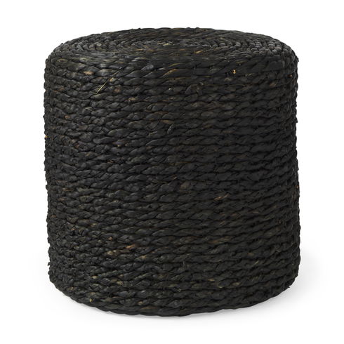 Dina Black Cornhusk and Water Hyacinth Round Pouf