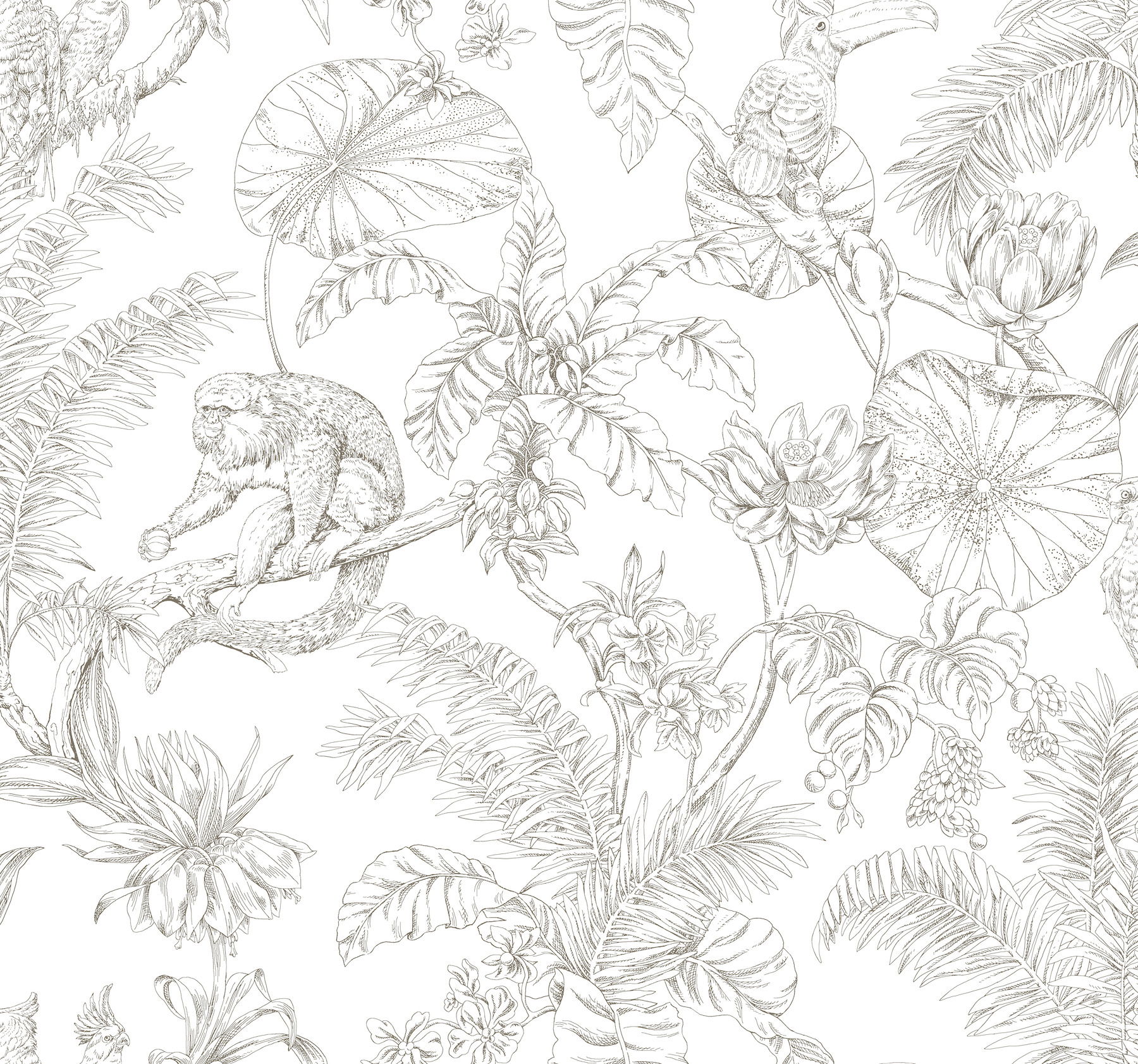 Tropical Sketch Toile Brown Wallpaper large image 