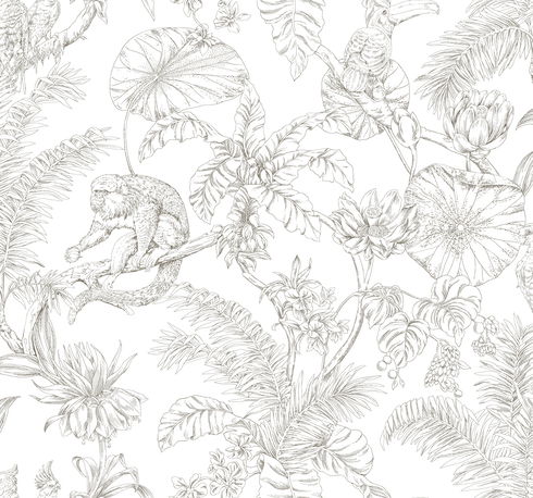 Tropical Sketch Toile Brown Wallpaper
