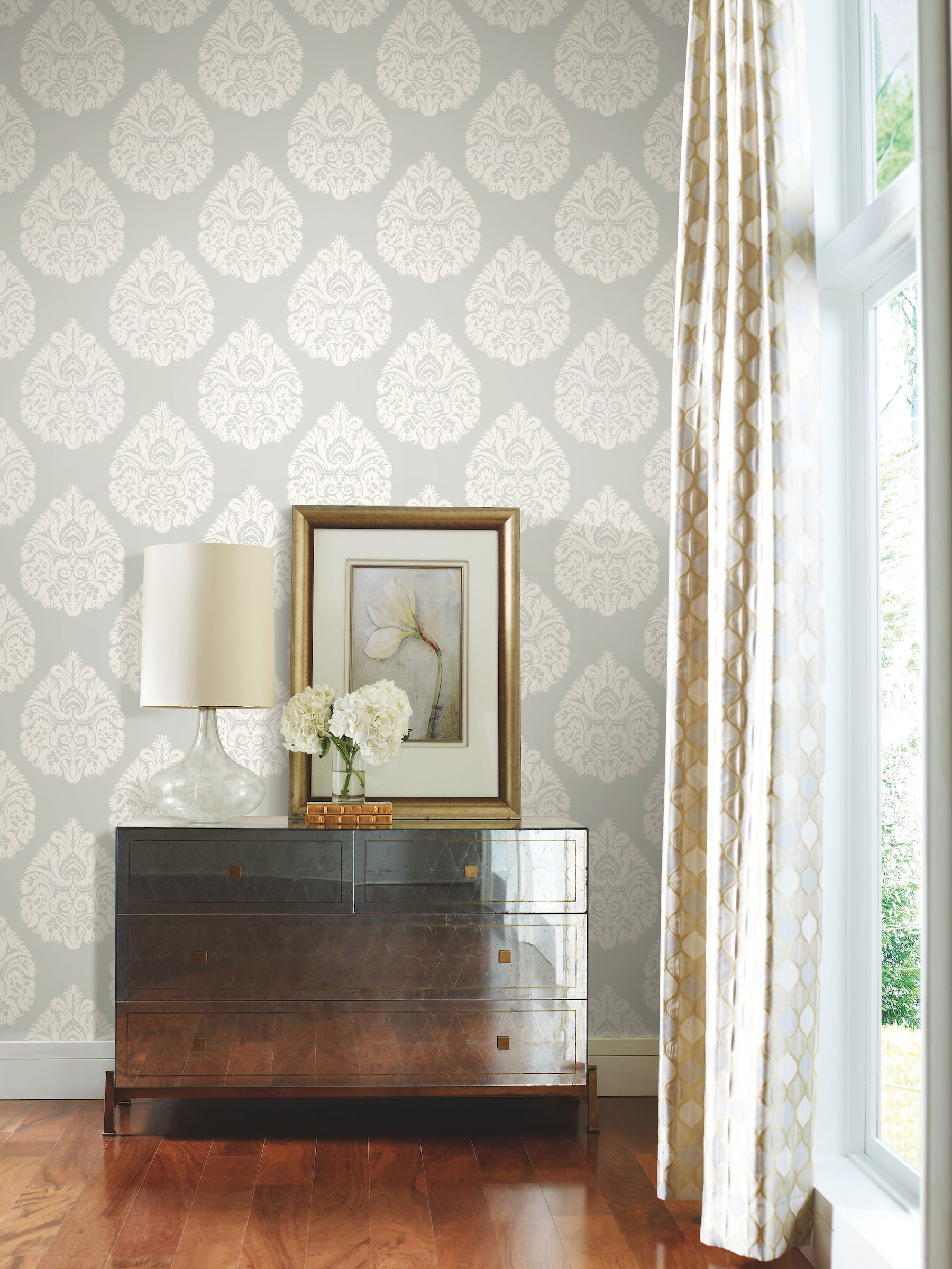 Teardrop Damask Light Grey Wallpaper, by York Wall, 27' length x 2'3" width x 0.02" depth View 3