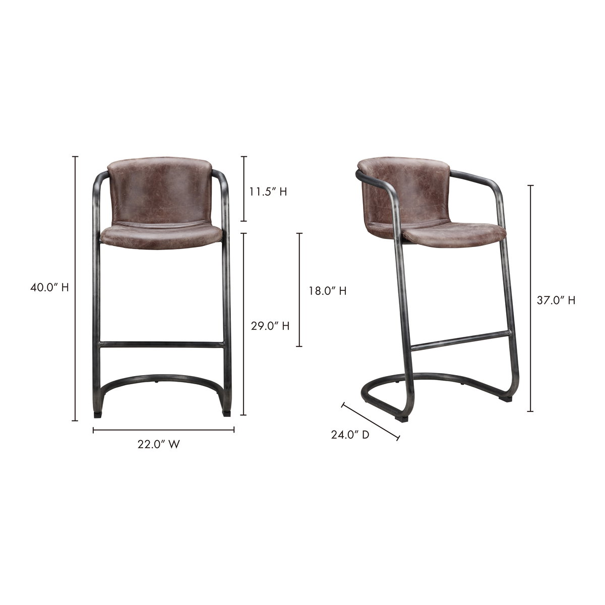 Freeman Barstool Grazed Brown Leather - Set Of Two, Counter & Bar Stool by Moe's Home, 22" width x 40" height x 24" depth View 7