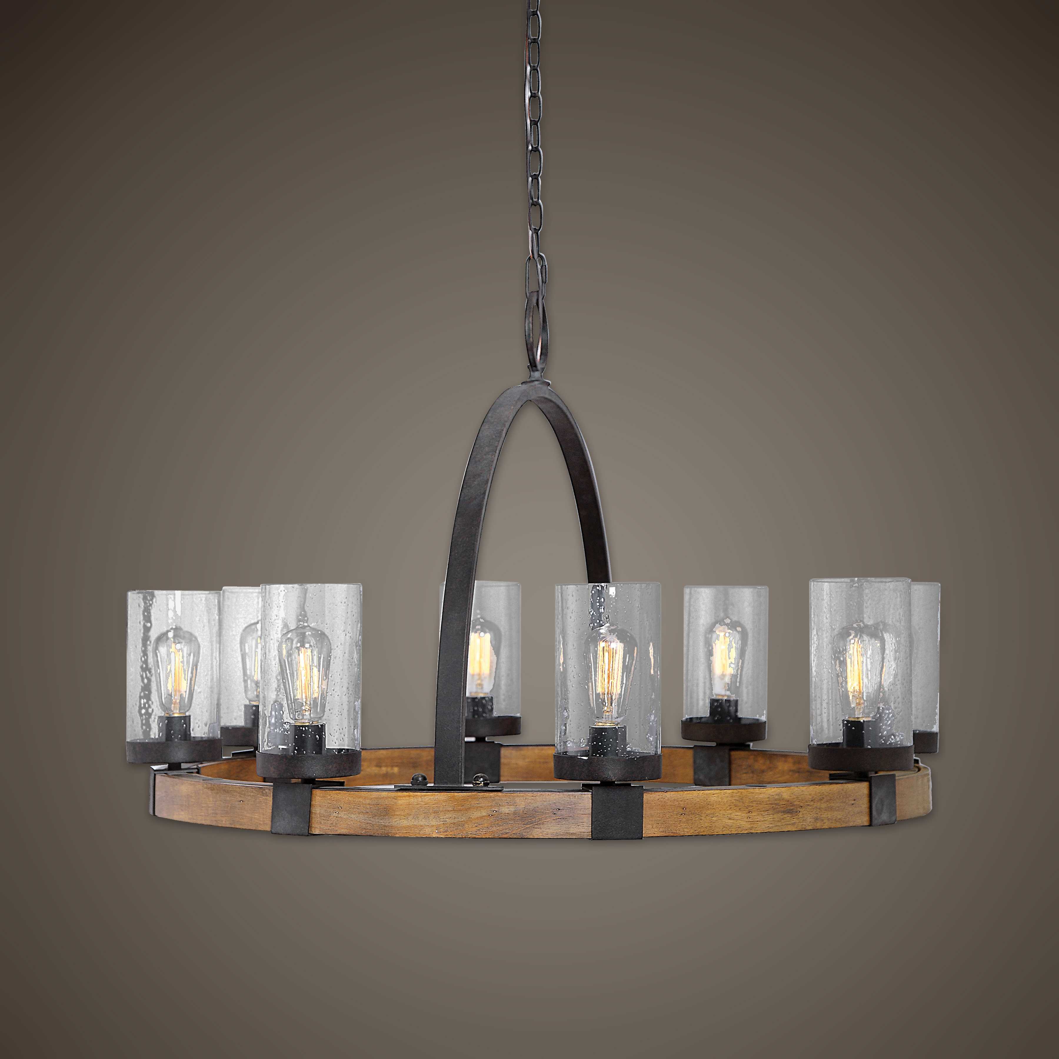 Atwood 8 Light Wagon Wheel Pendant, Ceiling Light by Uttermost, 39" width x 24.5" height x 39" diameter x 39" depth View 2