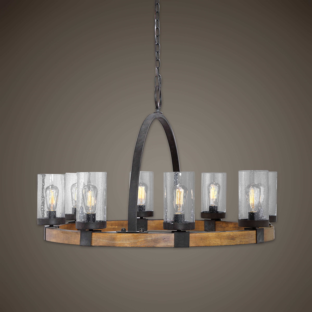 Atwood 8 Light Wagon Wheel Pendant, by Uttermost, 39" width x 24.5" height x 39" diameter x 39" depth View 2