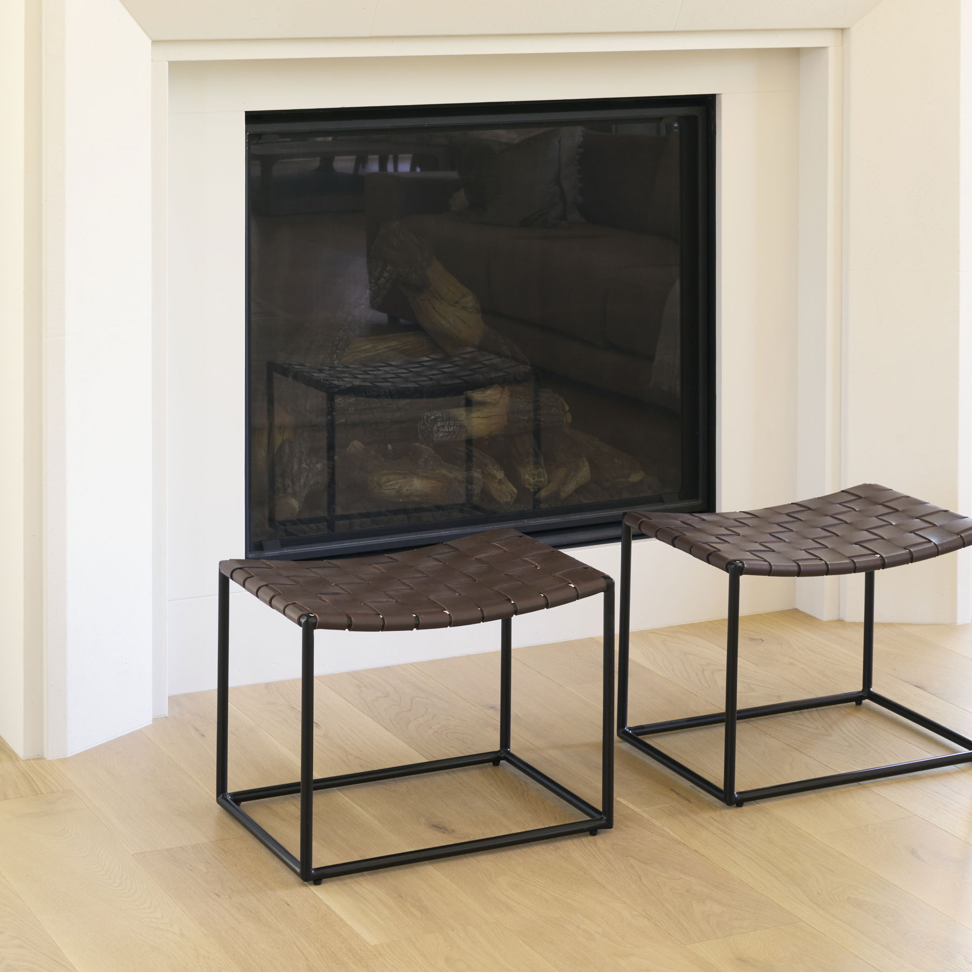 Clarissa  Brown Leather Woven Seat with Black Metal Frame Stool, Benche by Mercana, 22" length x 16" width x 16.5" height View 3