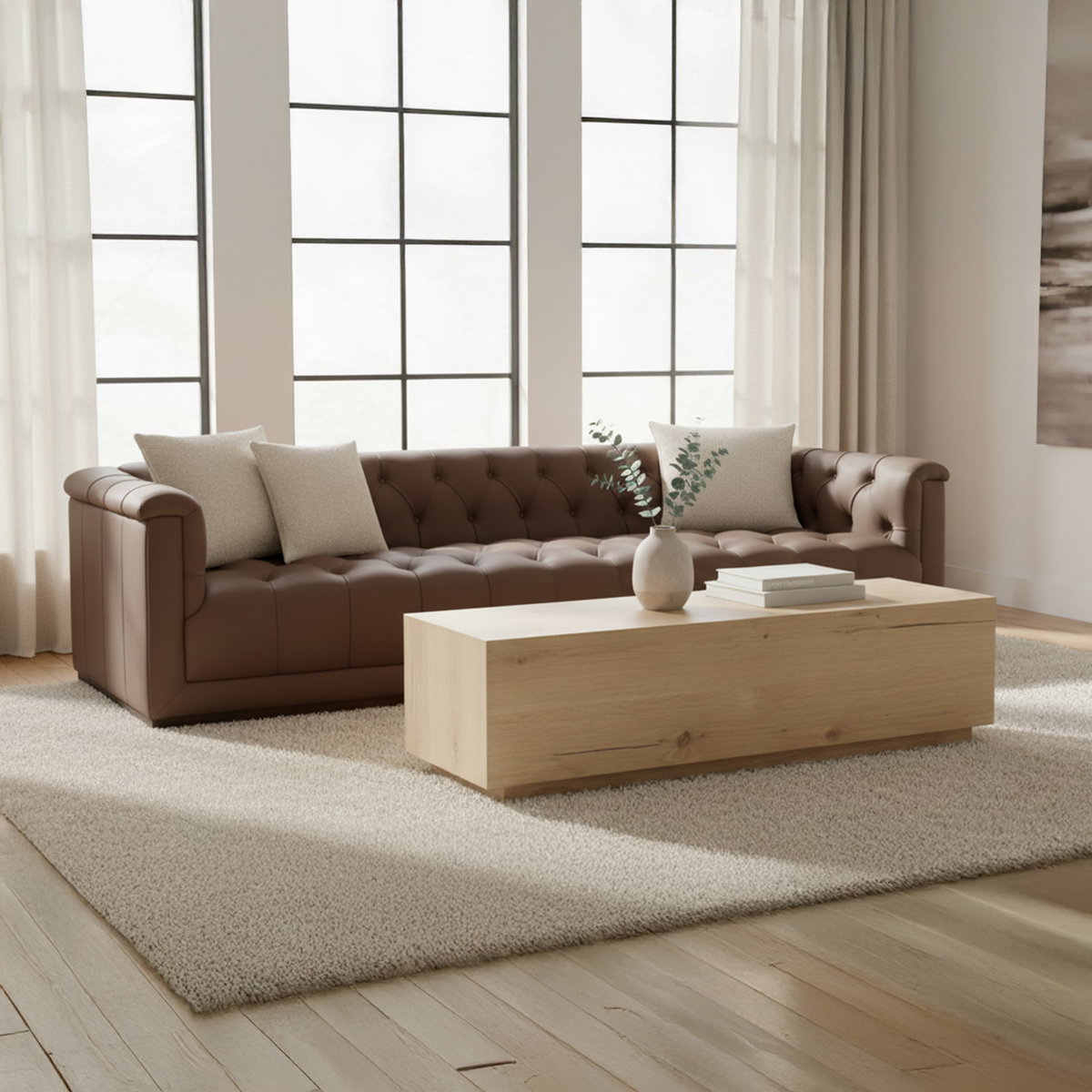 Sawyer Coffee Table Rustic Oak, by Moe's Home, 55" width x 14.5" height x 15.7" depth View 6