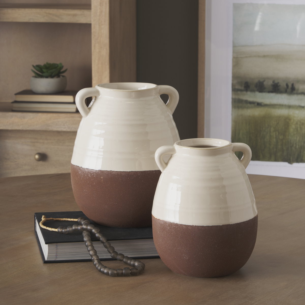 Tryna Large Beige with Matte Brown Ceramic Vase, by Mercana, 9.05" length x 9.05" width x 13.78" height View 2