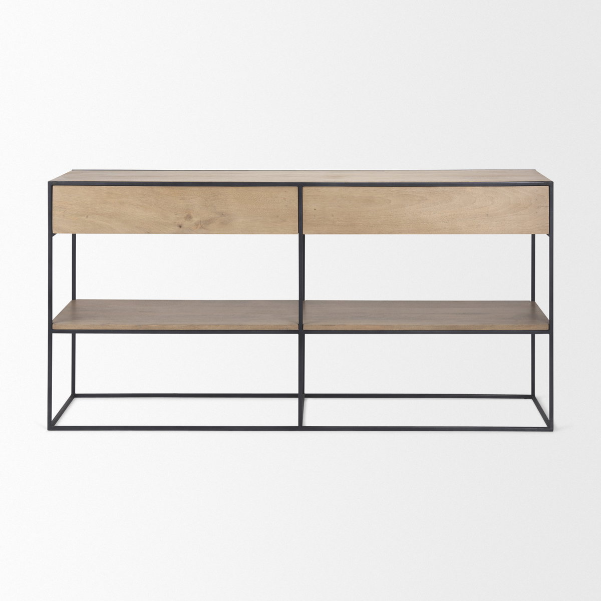 Morris  Beige Wood with Black Metal Frame 2 Drawer Console Table, by Mercana, 63" length x 15" width x 31" height View 3
