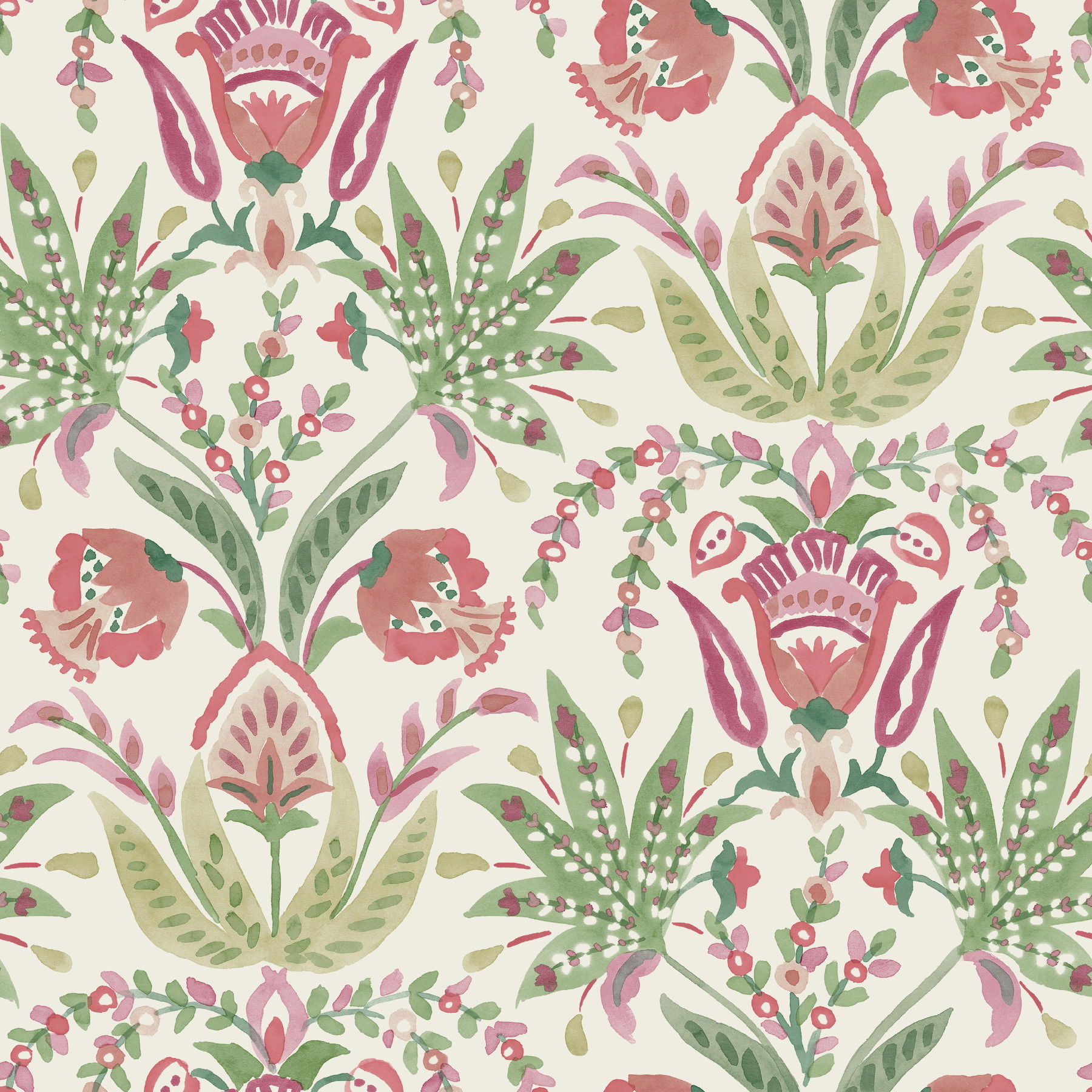Seaside Jacobean Green & Red Wallpaper large image 