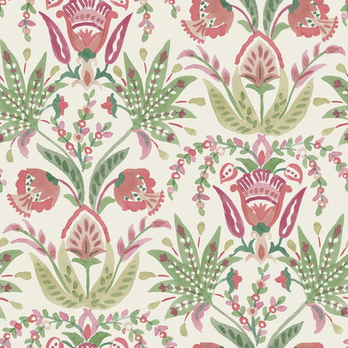 Seaside Jacobean Green & Red Wallpaper