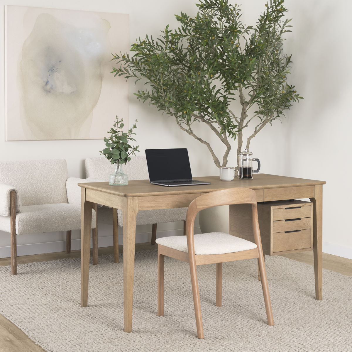 Tino Light Brown Oak Wood with 4 Drawers Desk, by Mercana, 55.12" length x 26.77" width x 29.92" height View 2