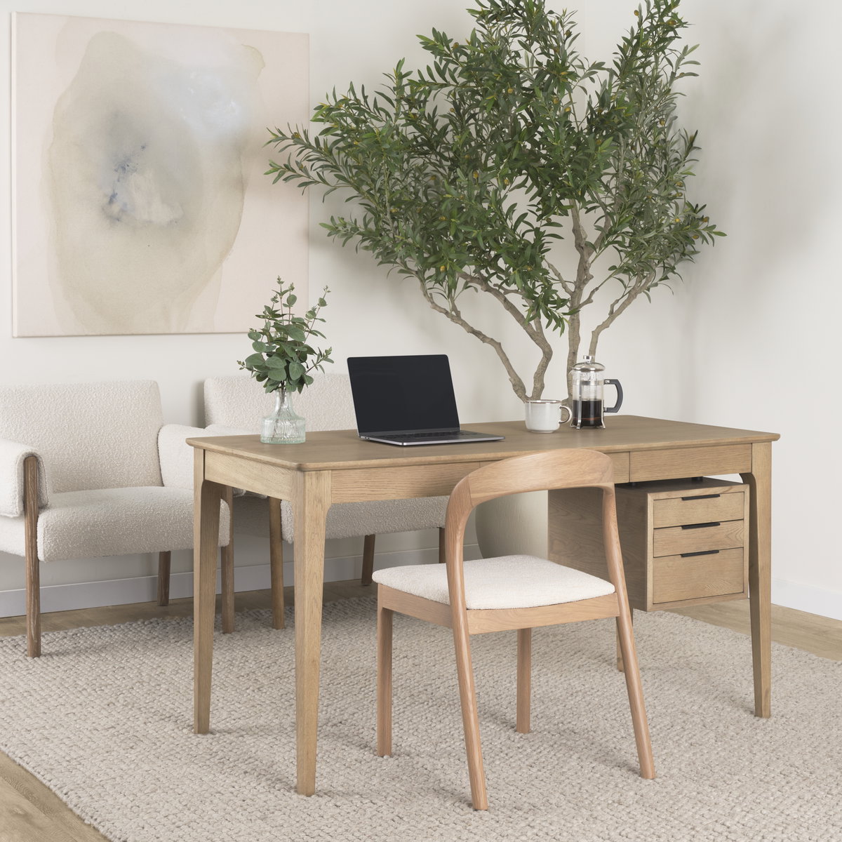 Tino Light Brown Oak Wood with 4 Drawers Desk, by Mercana, 55.12" length x 26.77" width x 29.92" height View 2