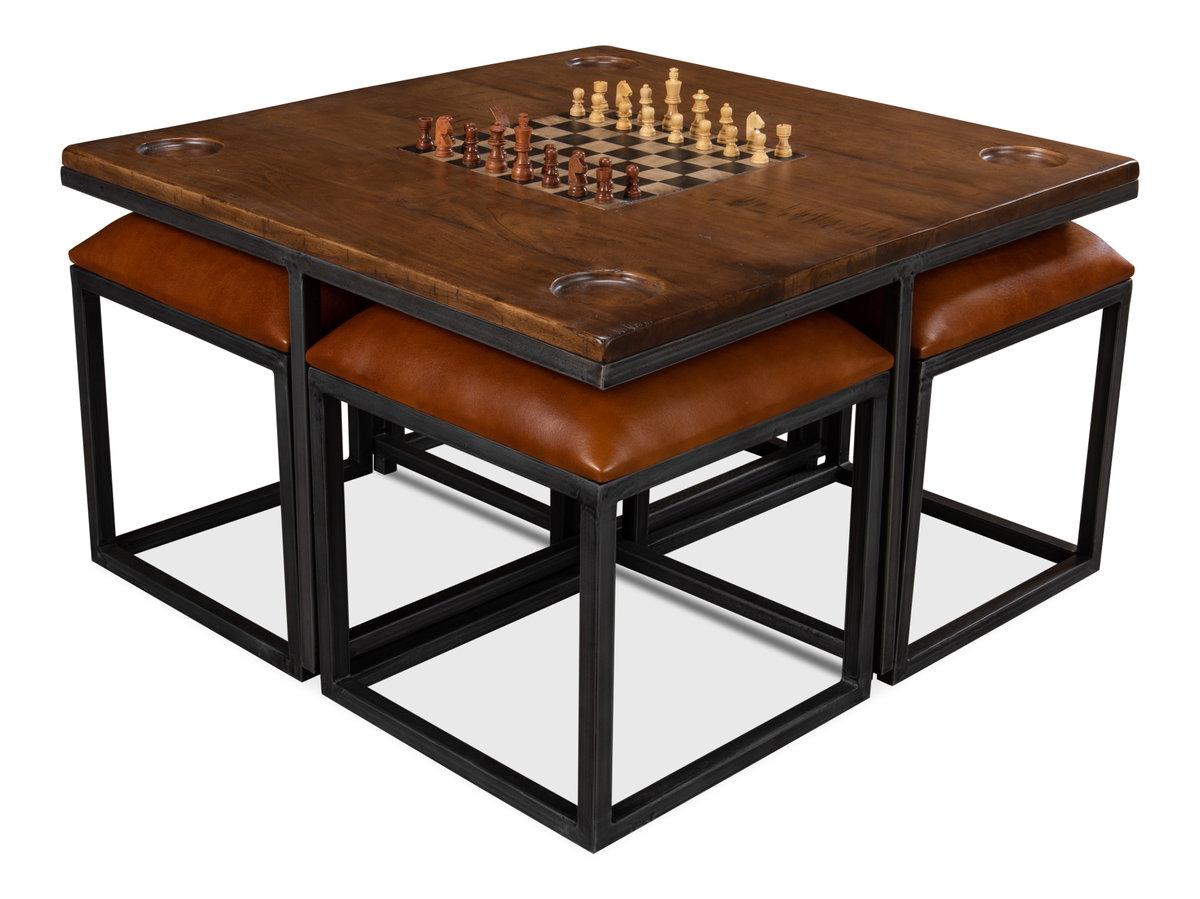 Low Game Table With Four Stools, by Sarreid, 3' length x 3' width x 1'10" height View 1
