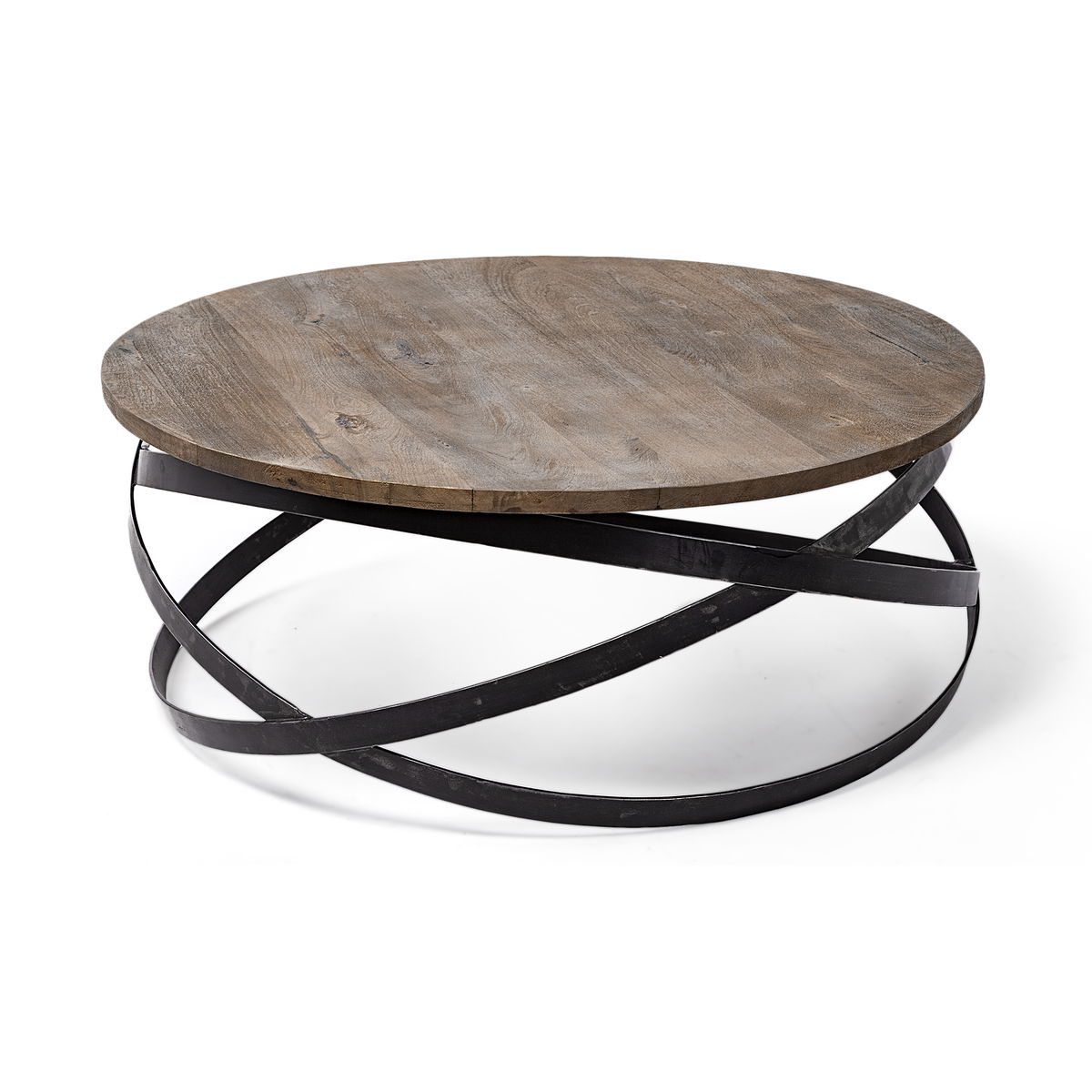 Triumph 40' Round Brown Solid Wood Top Black Metal Base Coffee Table, by Mercana, 40" length x 40" width x 16" height View 1