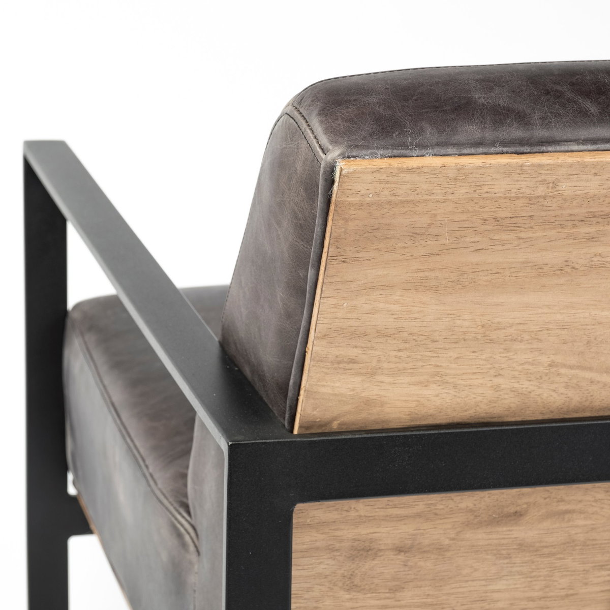 Stamford Black Genuine Leather Seat with Wood Back, Metal Frame Accent Chair, by Mercana, 24.41" length x 31.89" width x 28.94" height View 12
