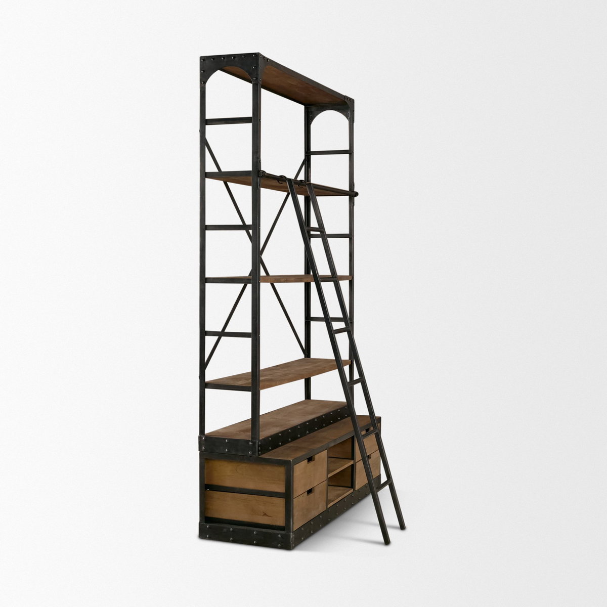 Brodie VIII 57L x 20.5W x 94H Brown Wood Gun-Metal Ladder Four Shelf Shelving Unit, Shelving & Bookcase by Mercana, 57" length x 20.5" width x 94" height View 7
