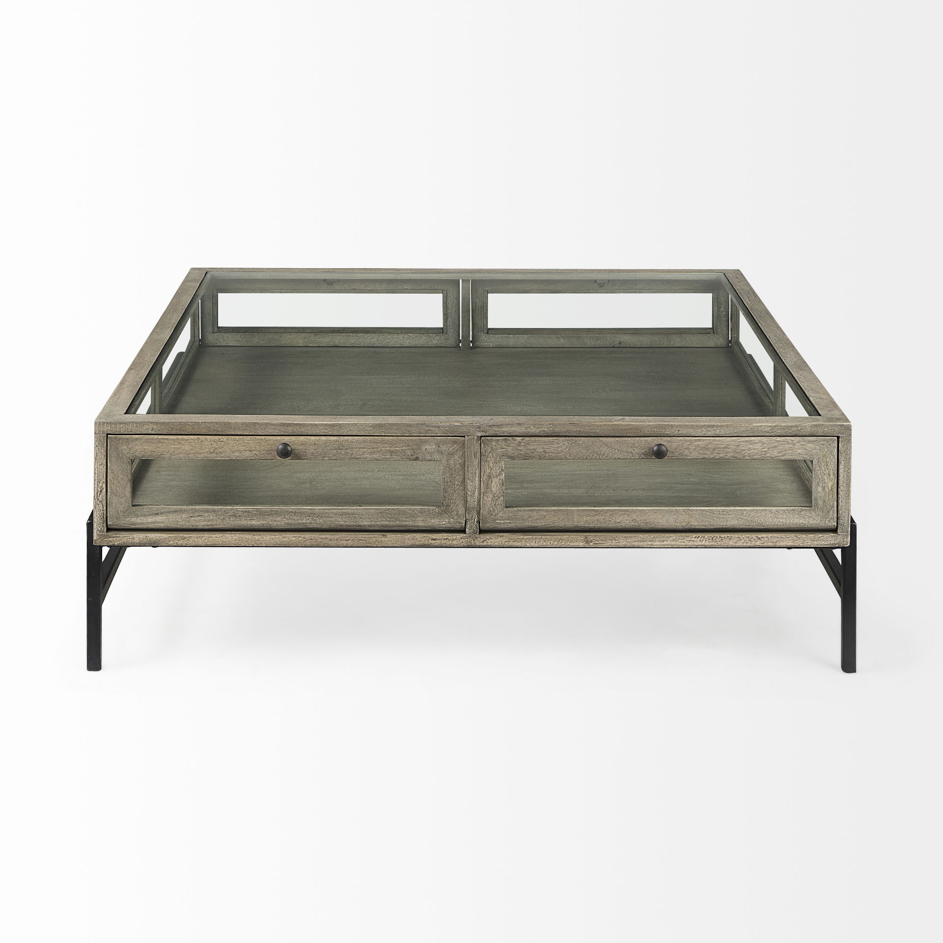 Arelius 42' Square Glass-Top Gray Wood with Black Metal Base Display Coffee Table, by Mercana, 43.5" length x 42" width x 15" height View 4