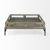 Arelius 42' Square Glass-Top Gray Wood with Black Metal Base Display Coffee Table, by Mercana, 43.5" length x 42" width x 15" height thumbnail 4