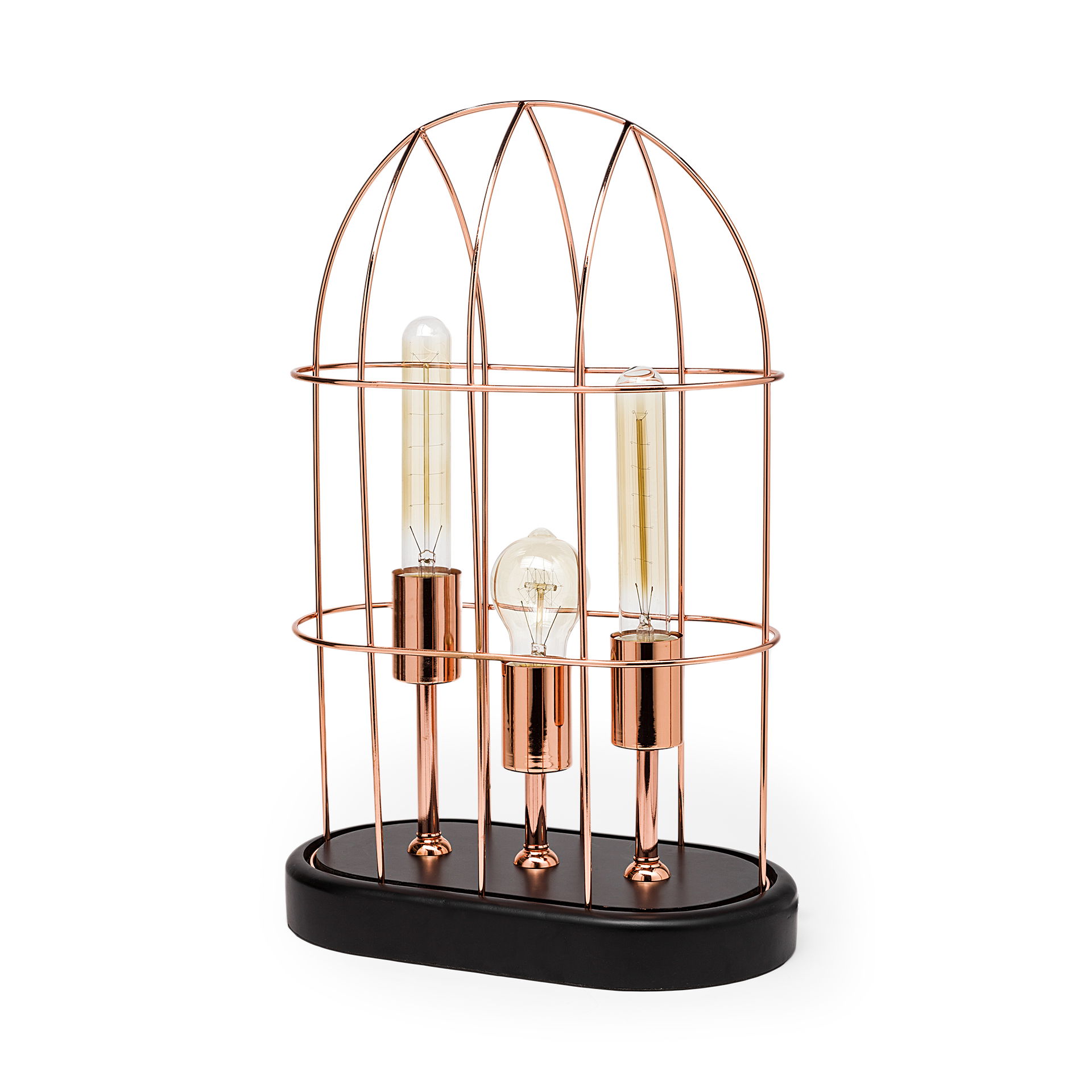 Sutton (19.3'H) Rose-Gold Metal Cylindrical Cage Three Bulb Table Lamp, by Mercana, 12.5" length x 7" width x 19.25" height View 1