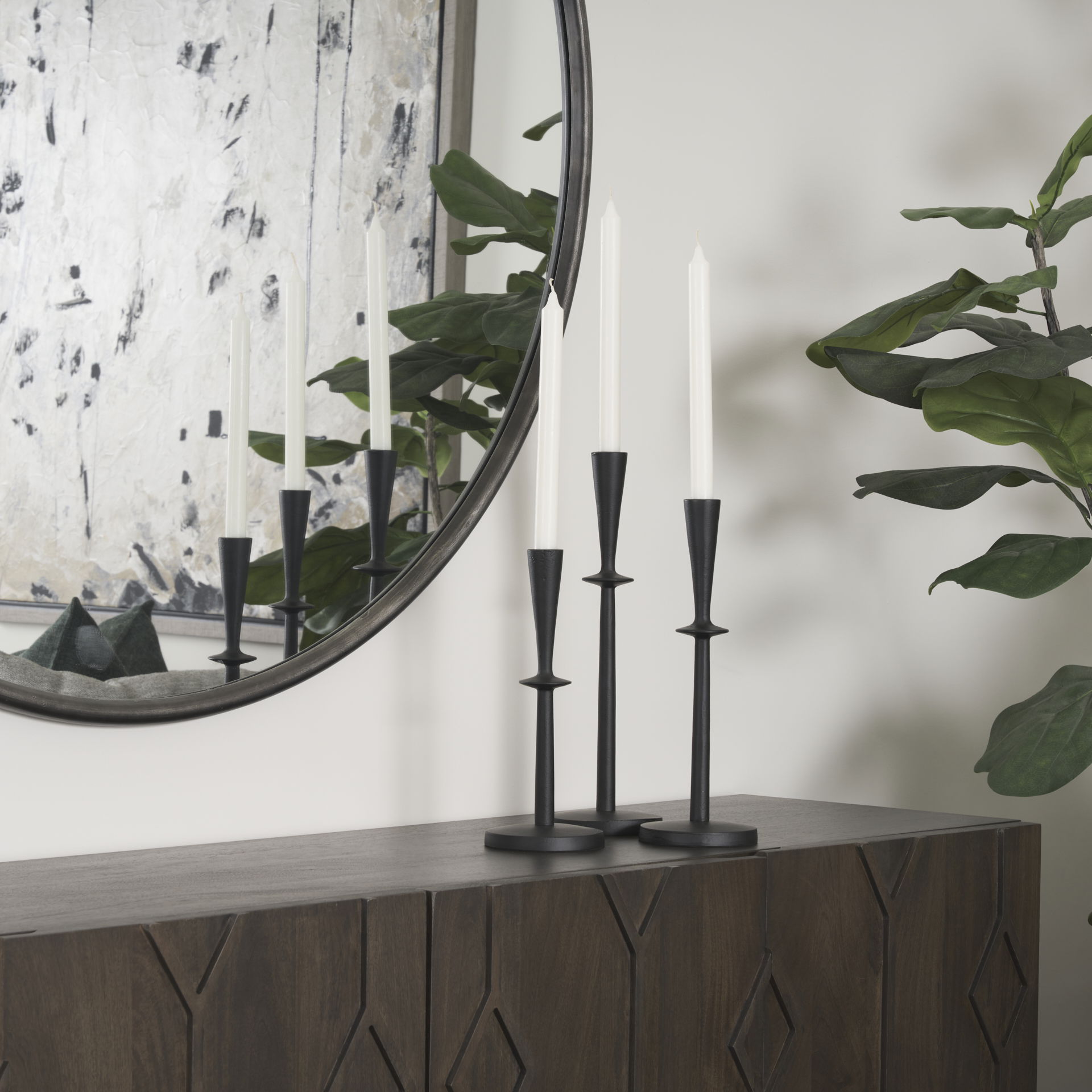 Qwin Matte Black Cast Aluminum Medium Candle Holder, Candles & Candle Holder by Mercana, 4.5" length x 4.5" width x 13" height View 3