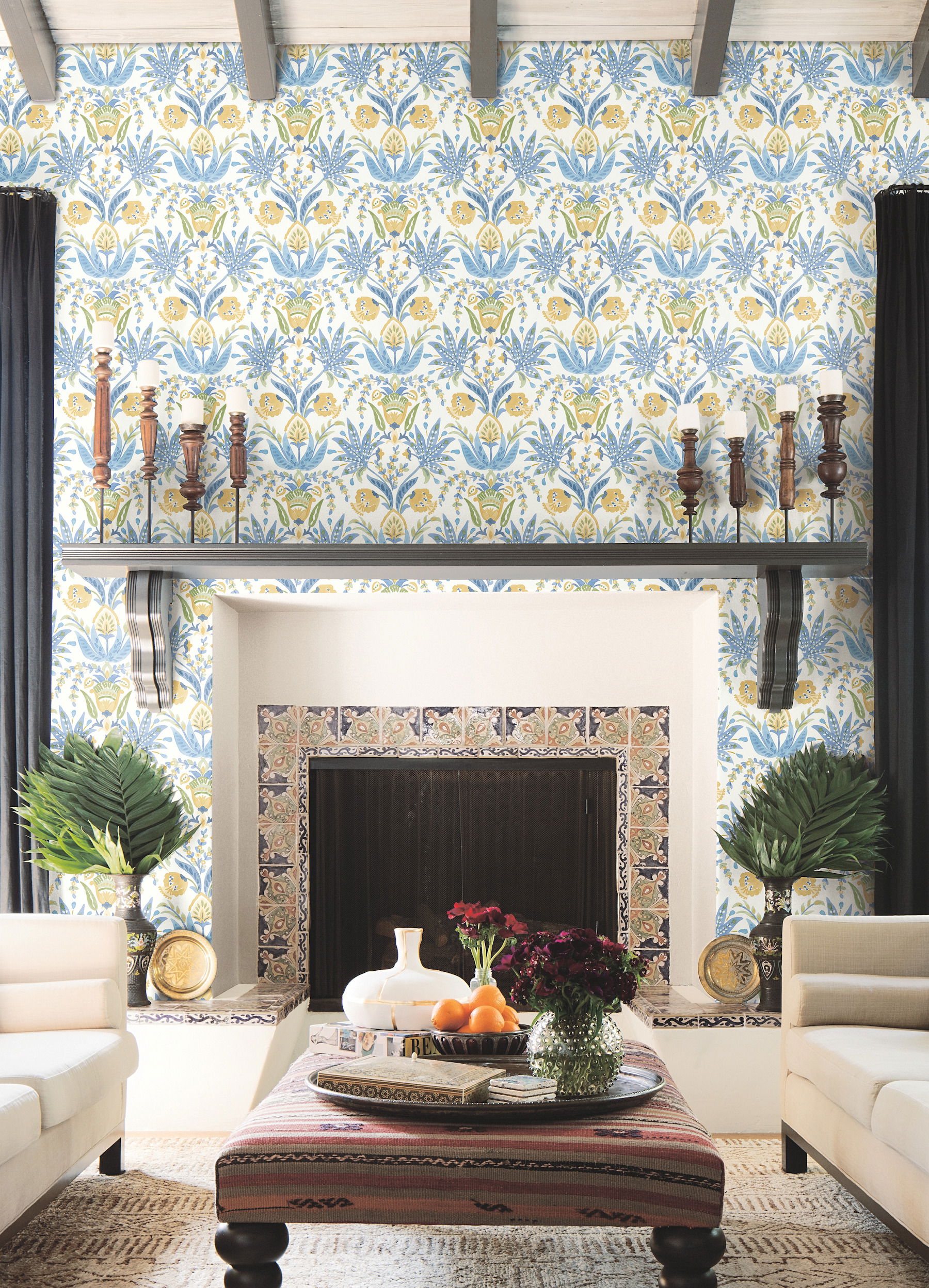Seaside Jacobean Yellow & Blue Wallpaper large image 