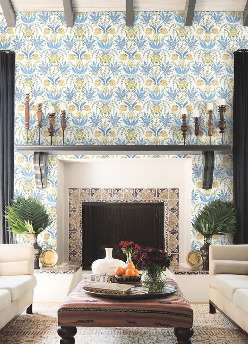 Seaside Jacobean Yellow & Blue Wallpaper