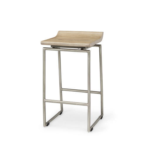 Givens Low Back 26in Seat Counter Stool | Brown Wood with Silver Metal