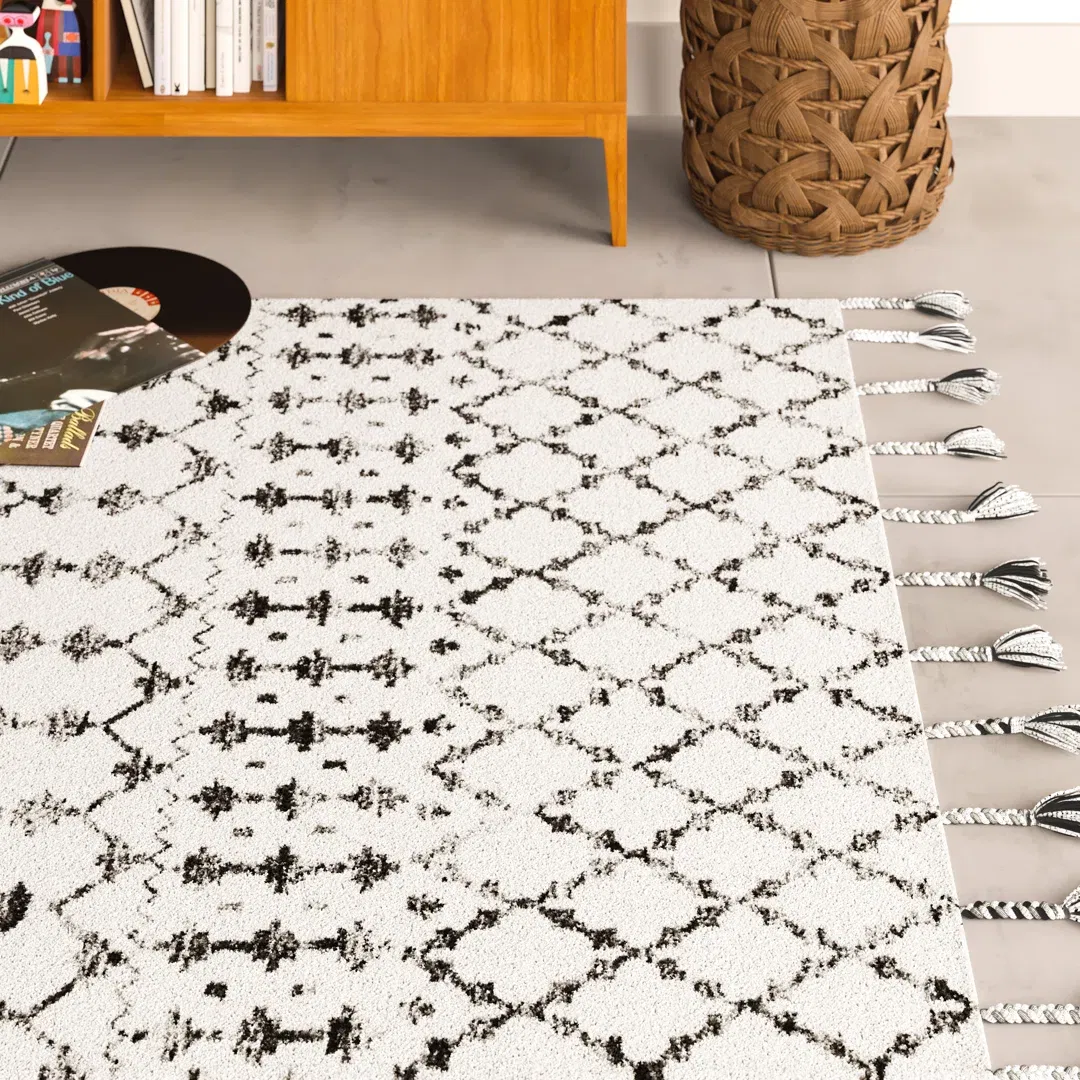 Geometric Wool/Silk Ivory/Black Area Rug large image 