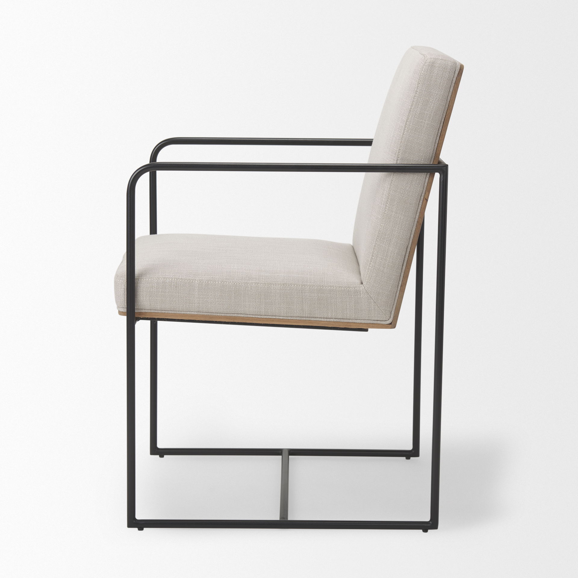 Stamford Beige Upholstered Seat with Wood Back, Black Metal Frame Dining Chair with Arms, by Mercana, 25" length x 20.5" width x 36" height View 3
