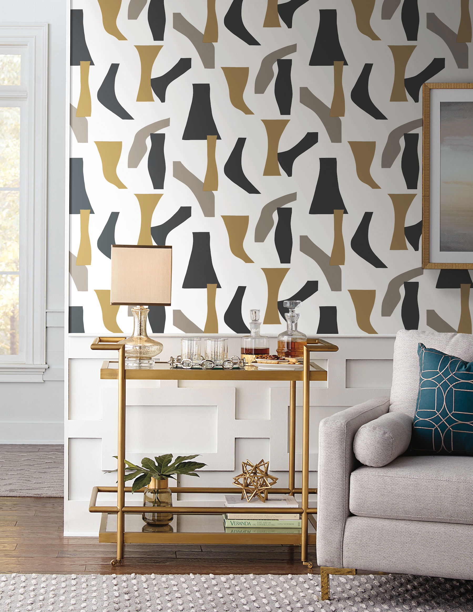 Modernist Black & Gold Peel & Stick Wallpaper, by York Wall, 20' length x 1'8.5" width x 0.02" depth View 4
