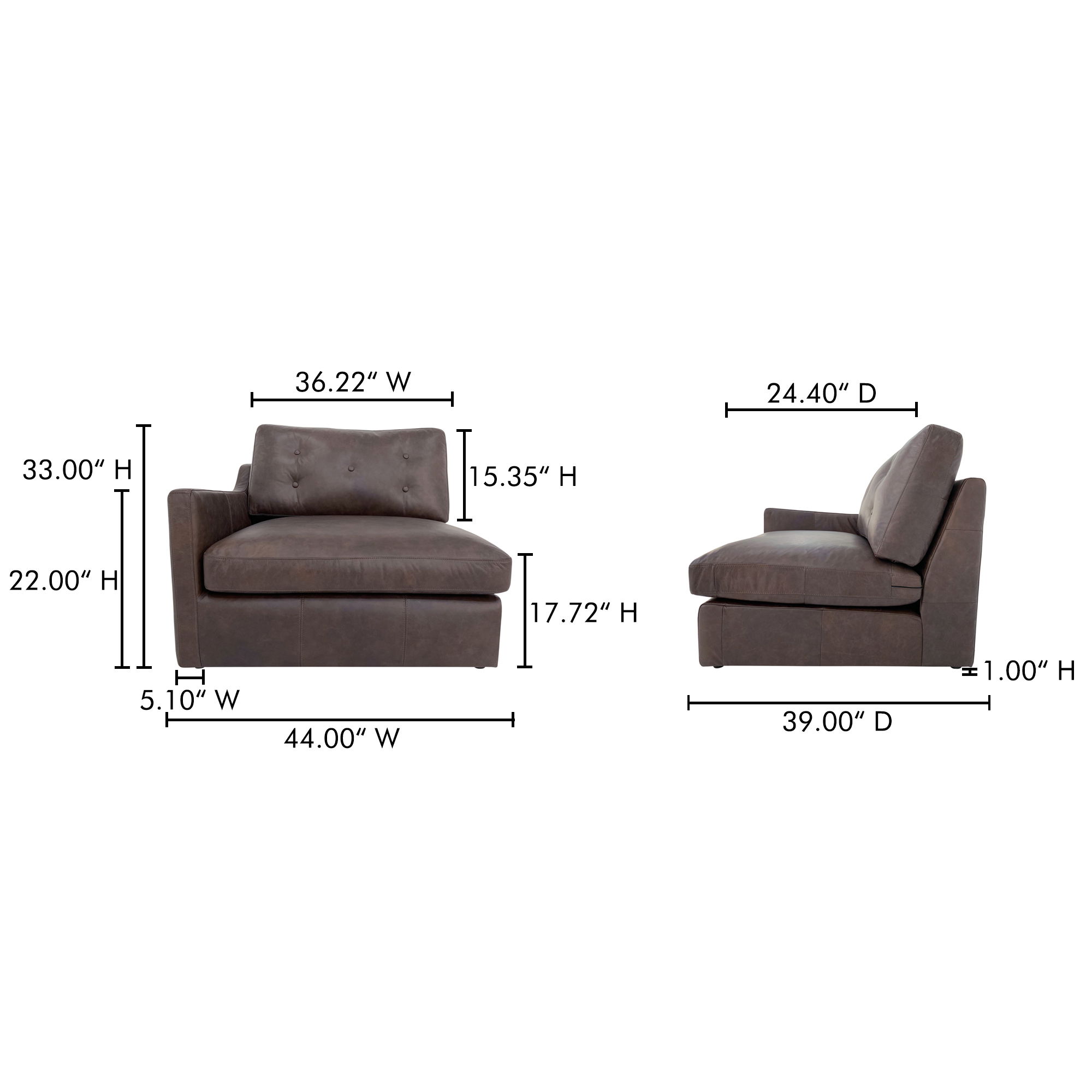 Thurlow Left Arm Facing Chair Espresso Brown Leather, Sectional Sofa by Moe's Home, 44" width x 33" height x 39" depth View 8