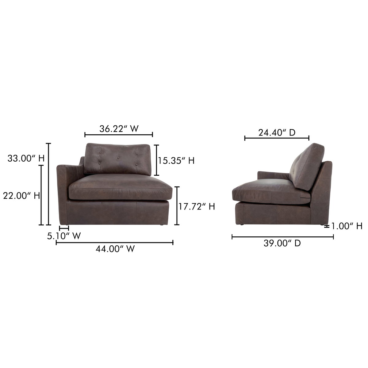 Thurlow Left Arm Facing Chair Espresso Brown Leather, Sectional Sofa by Moe's Home, 44" width x 33" height x 39" depth View 8