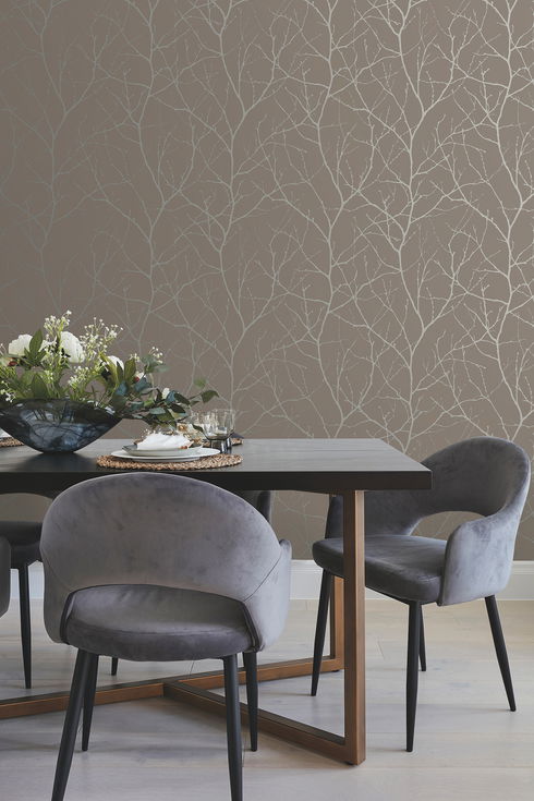 Trees Silhouette Mocha & Silver Wallpaper